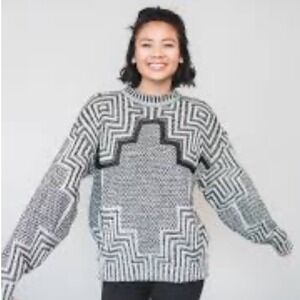 Vintage 90s CHIA Geometric Pattern Leather Trim Crew Neck Knit Sweater Sz Medium